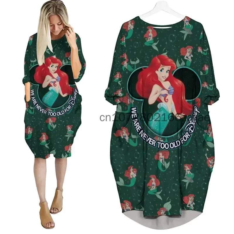 

Disney Princess Ariel Women's Batwing Pocket Dress Summer 3D Print Oversize Fashion Street Dress Long sleeved Nightgown