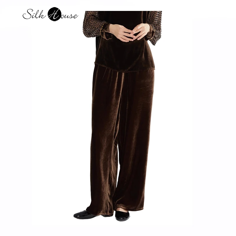 Women\'s Fashion Autumn New 30% Natural Mulberry Silk Velvet Straight Tube Elastic Waist Tea Brown Casual Straight Tube Pants