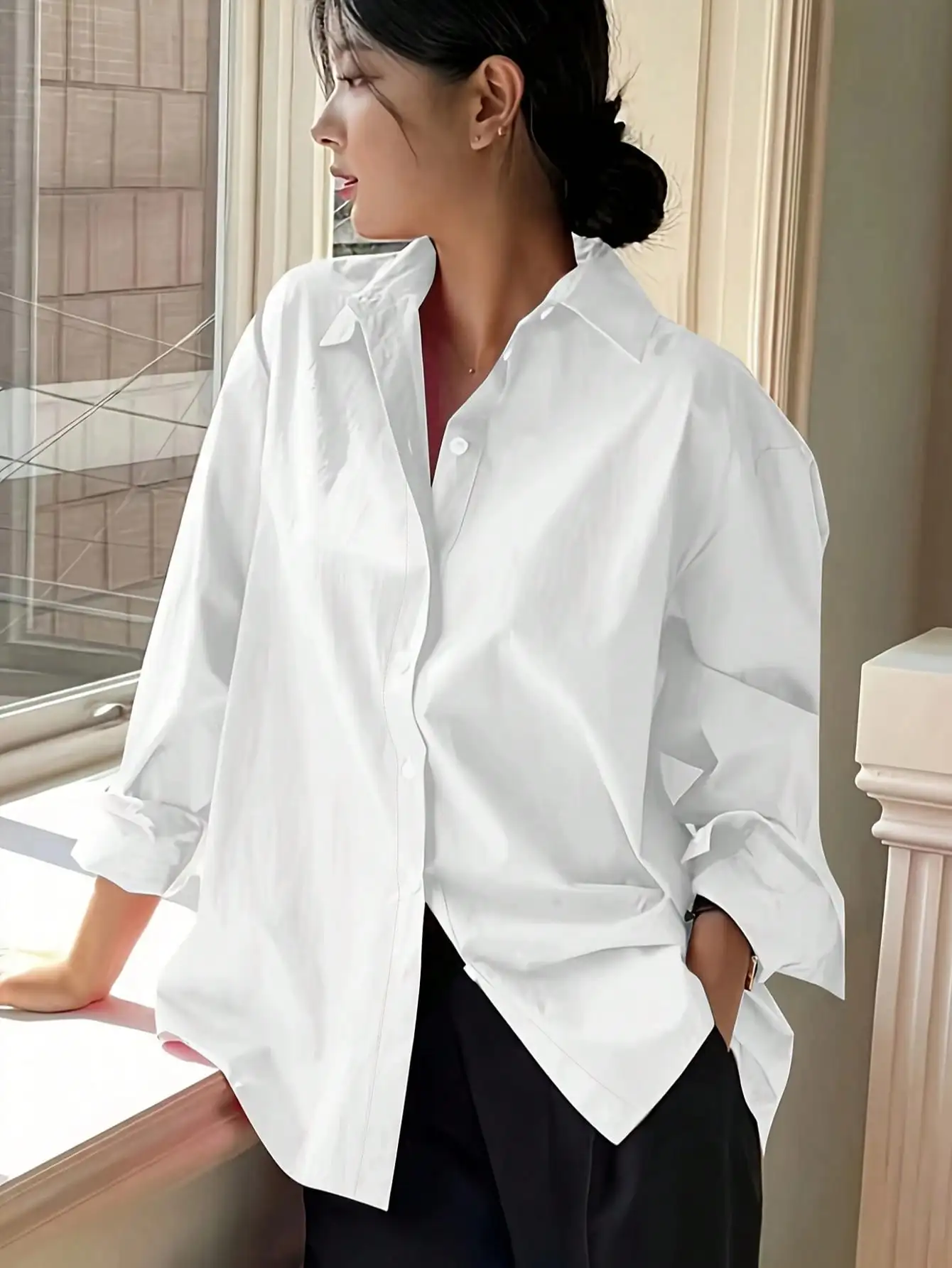 

Plus Size Women's Long Sleeve Casual White Button-Up Shirt, Loose Fit for Office or Daily Wear