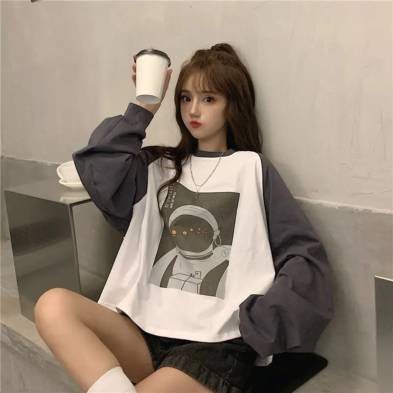 Baggy L-4XL Bluzy Damskie O-neck Studenci Ulzzang Nadrukowane Panele Szykowny Podstawowy Wiosenny Jesienny Design Harajuku Y2k Dziewczęcy OOTD