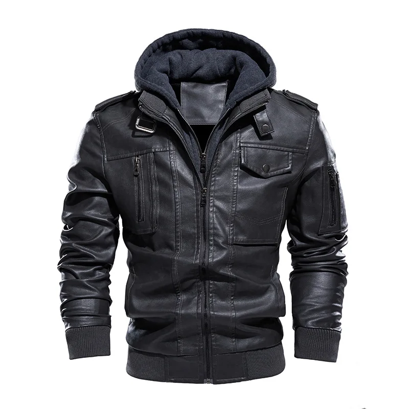 Männer Motorrad Leder Jacke Männlichen Künstliche Leder Kleidung Herbst/Winter Bomber Faux Pu Ourwearing Biker Haube Fleece Mantel