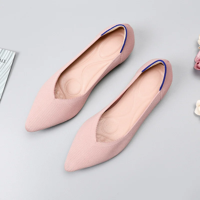 2024 Spring Autumn New Fashion Solid Color Ballet Flats Knitted Comfortable Breathable Pointed Toe Soft Sole Flat Single Shoes