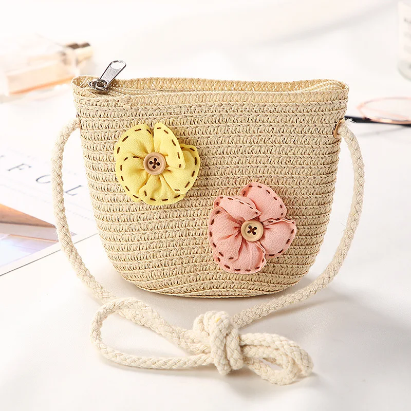 Cute Children\'s Straw Shoulder Bags Flower Baby Girls Small Bucket Crossbody Bag Boys Kids Mini Coin Purse Beach Handbags