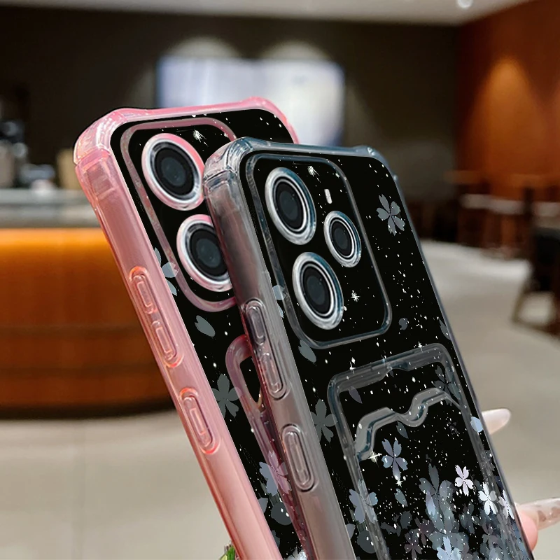 حافظة جيب للبطاقات لهاتف Xiaomi Redmi Note 14 Pro Plus 5G Note 14 13 12 11 Pro 14C 13C 4G غطاء هاتف من السيليكون الناعم على شكل زهرة متدرجة