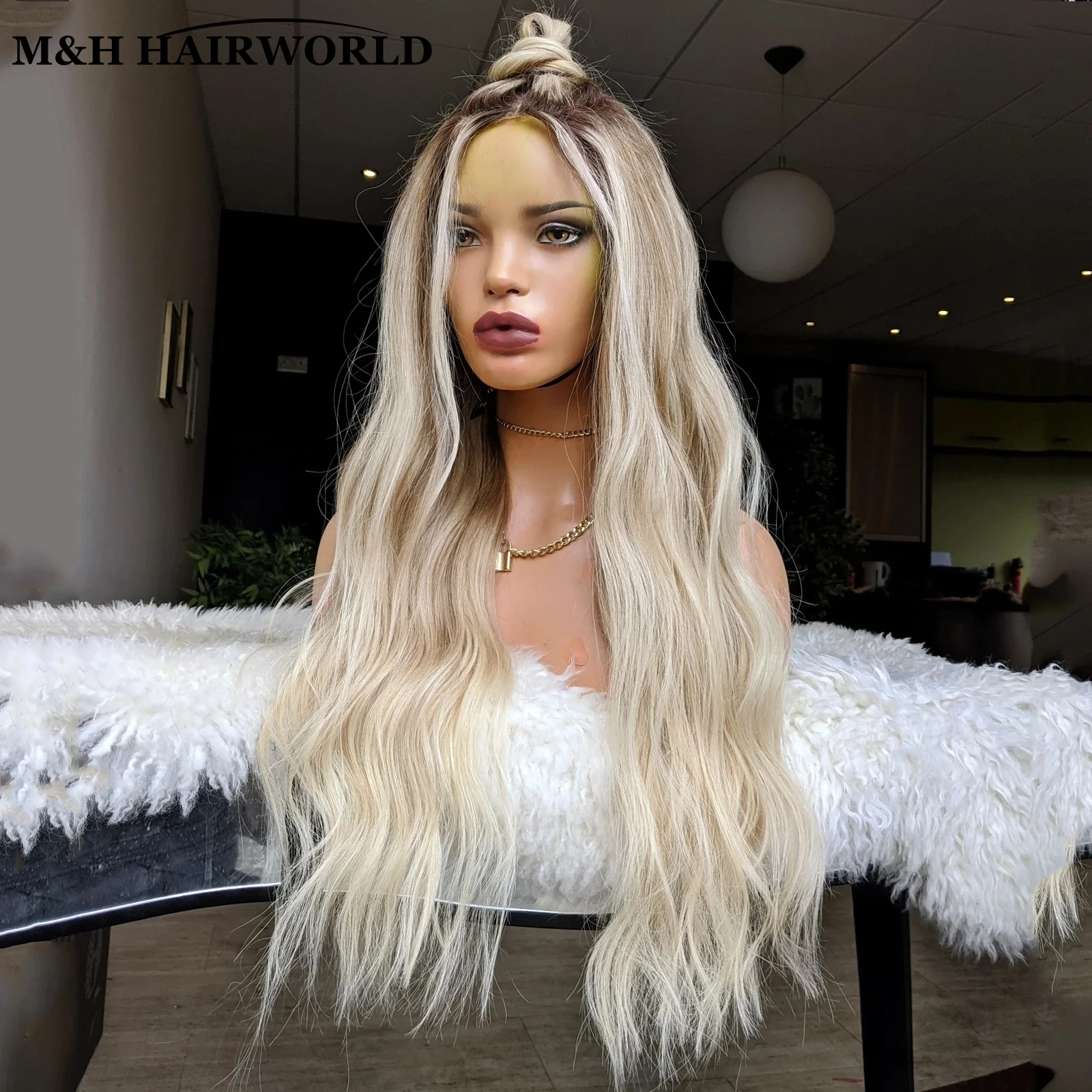 Light Ash Blonde Highlight Color Lace Front Wigs Slight Wavy Long Synthetic Hair Wig Glueless Frontal Lace Wigs For Women Daily