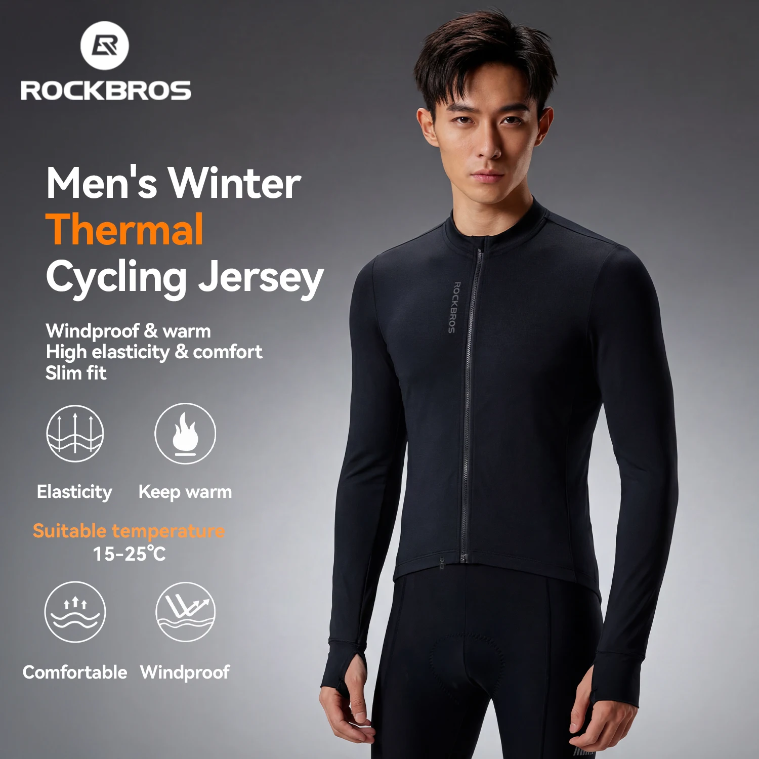 

ROCKBROS Winter Thermal Cycling Jersey Mixed Fabric Windproof Warm Heat Storage Cycling Top Outdoor Slim Fit Men's Cycling Top