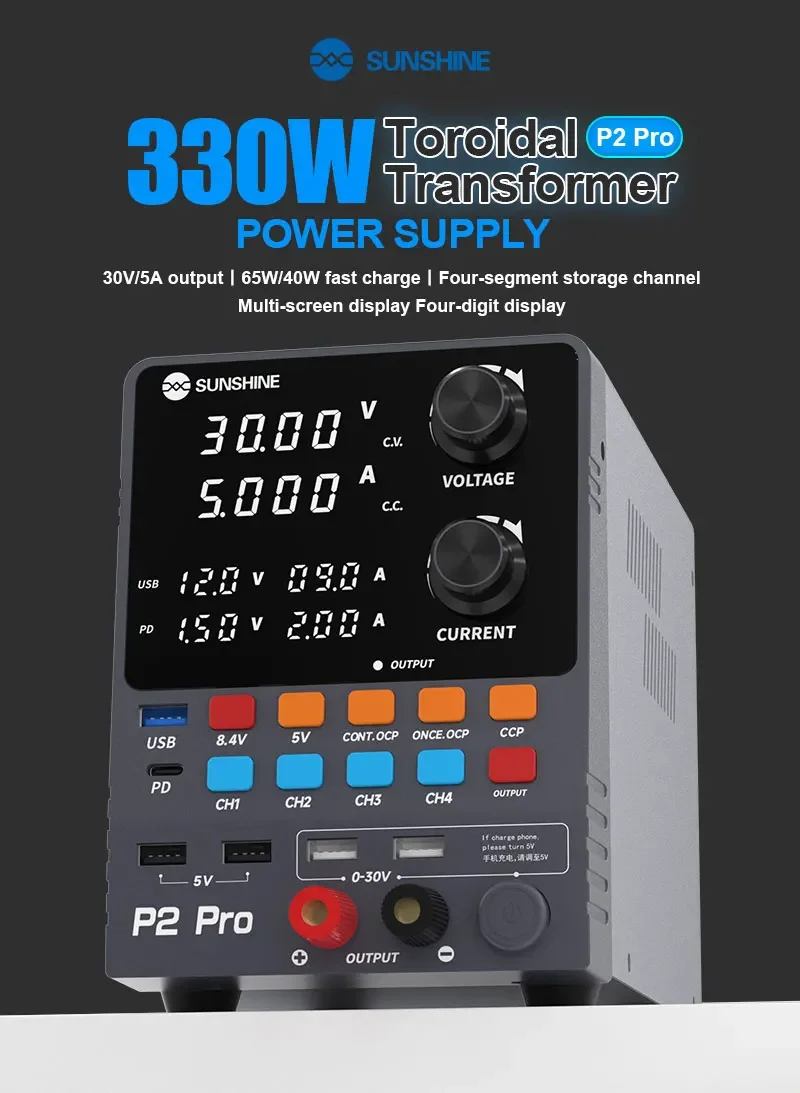 

SUNSHINE P2 Pro Adjustable DC Regulated Power Supply 30V 5A High-frequency Output 65W 40W Fast Charge For Mobile Phone Repair