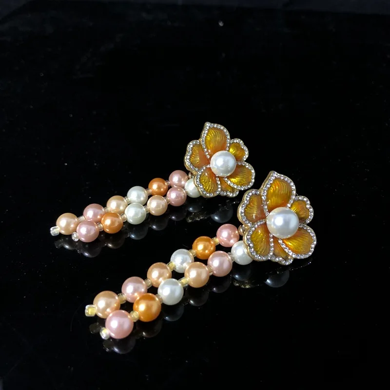 vintage pearl beaded gradient color beautiful necklace flower pendant stud earrings exquisite jewelry