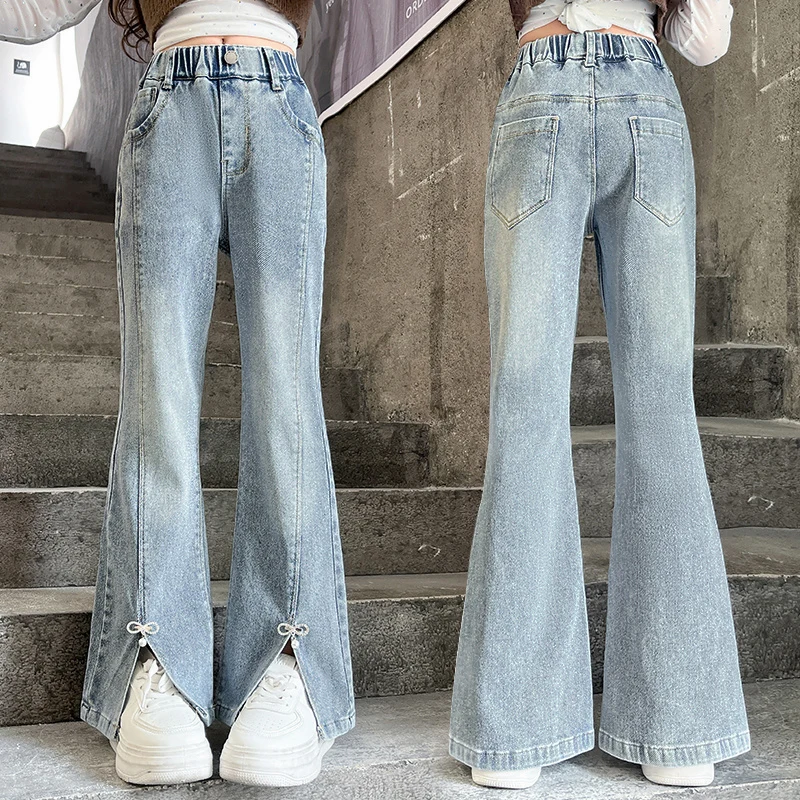 

Stylish Kids Child Flared Jeans with Bows for Girls Fashion Bootcut High-Waisted Denim Pants with Bottom Slit Loose-Fit Trousers