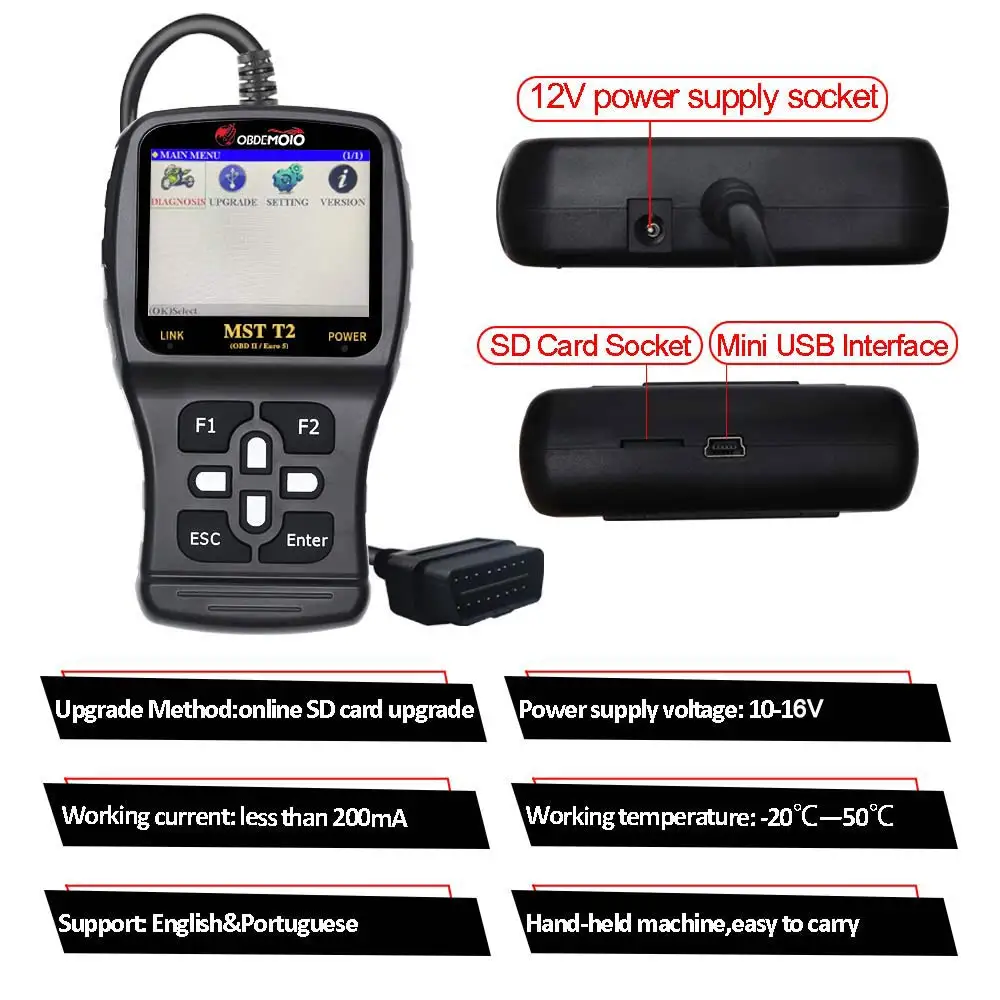 

Motorcycle Code Reader Diagnostic Tool MST T2 MST T1 Read Erase Freeze Fault Code OBD2 Scanner Diagnostic Tool