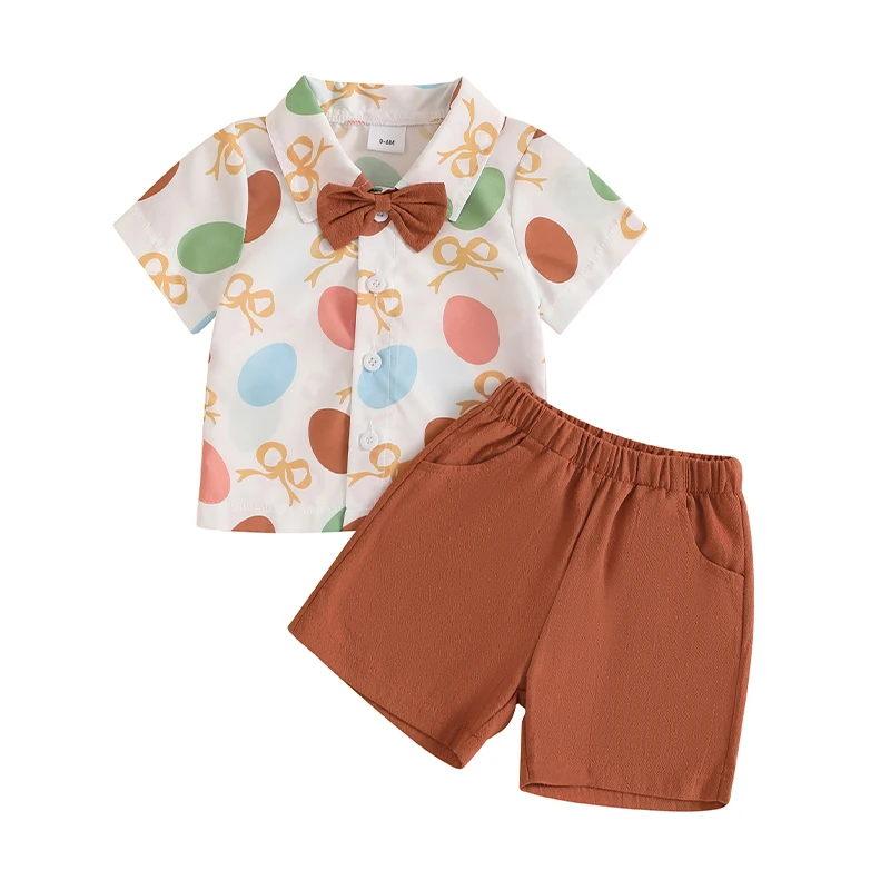 Baby Boy Easter Outfit, Short Sleeve Dinosaur/Eggs Print Shirt with Elastic Waist Shorts Summer Outfit