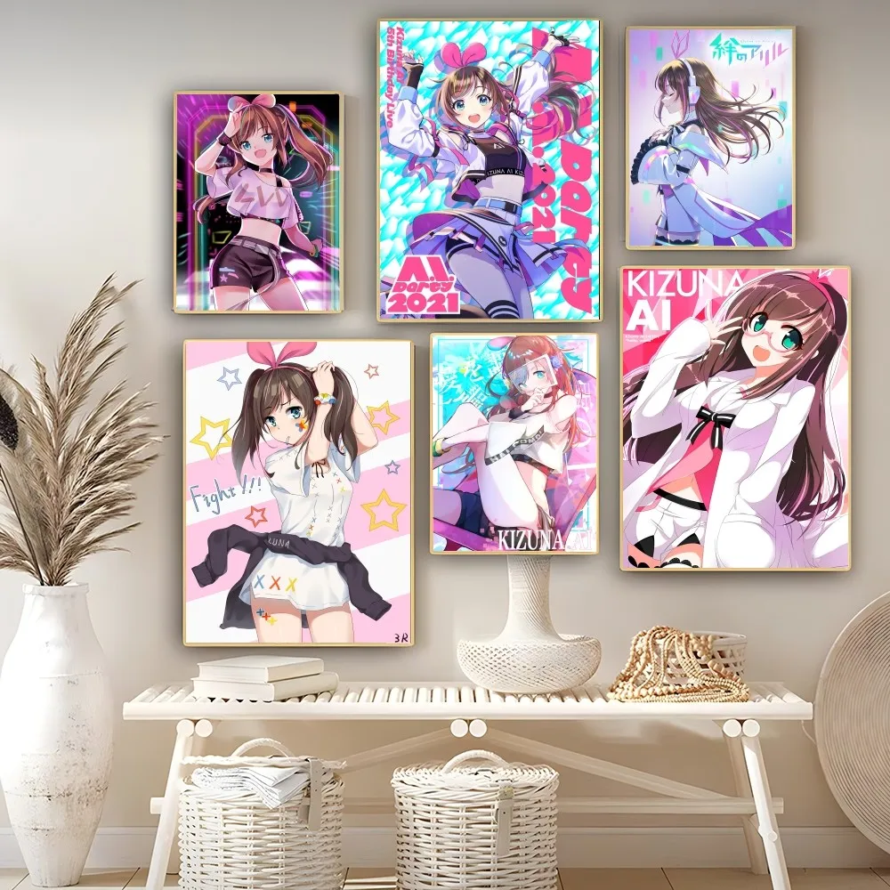 First Virtual Anchor Kizuna AI Poster Self-adhesive Art Poster Waterproof Paper Sticker Coffee House Bar Posters Wall Stickers