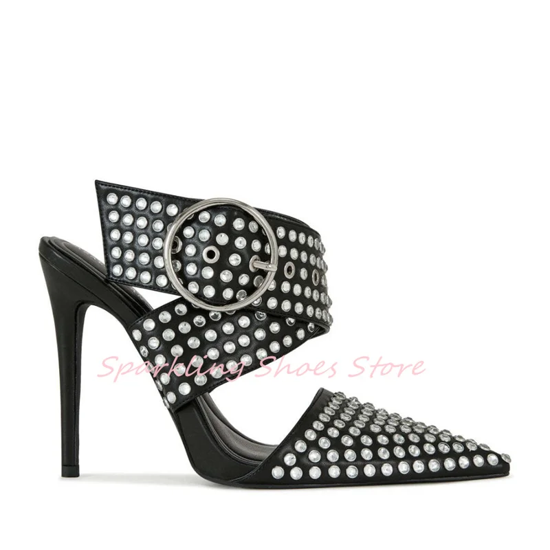

Luxury Rhinestone Ankle Cross Strap Women Sandals Sexy Pointed Toe High Heel Slingback Pumps Ladies Galdiator Dress Shoes