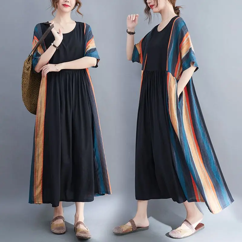 Women Summer Fashion Trend Loose Patchwork Large Size O-neck Short Sleeve Midi Dress Ladies Casual All-match Elegant Dresses