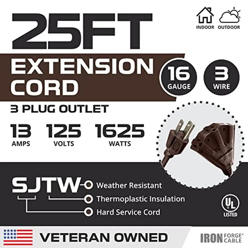 25ft Brown Outdoor Extension Cord 3 Power Outlets 16/3 SJTW Heavy Duty Grounded Plug Weatherproof Flexible UL Certified Ideal