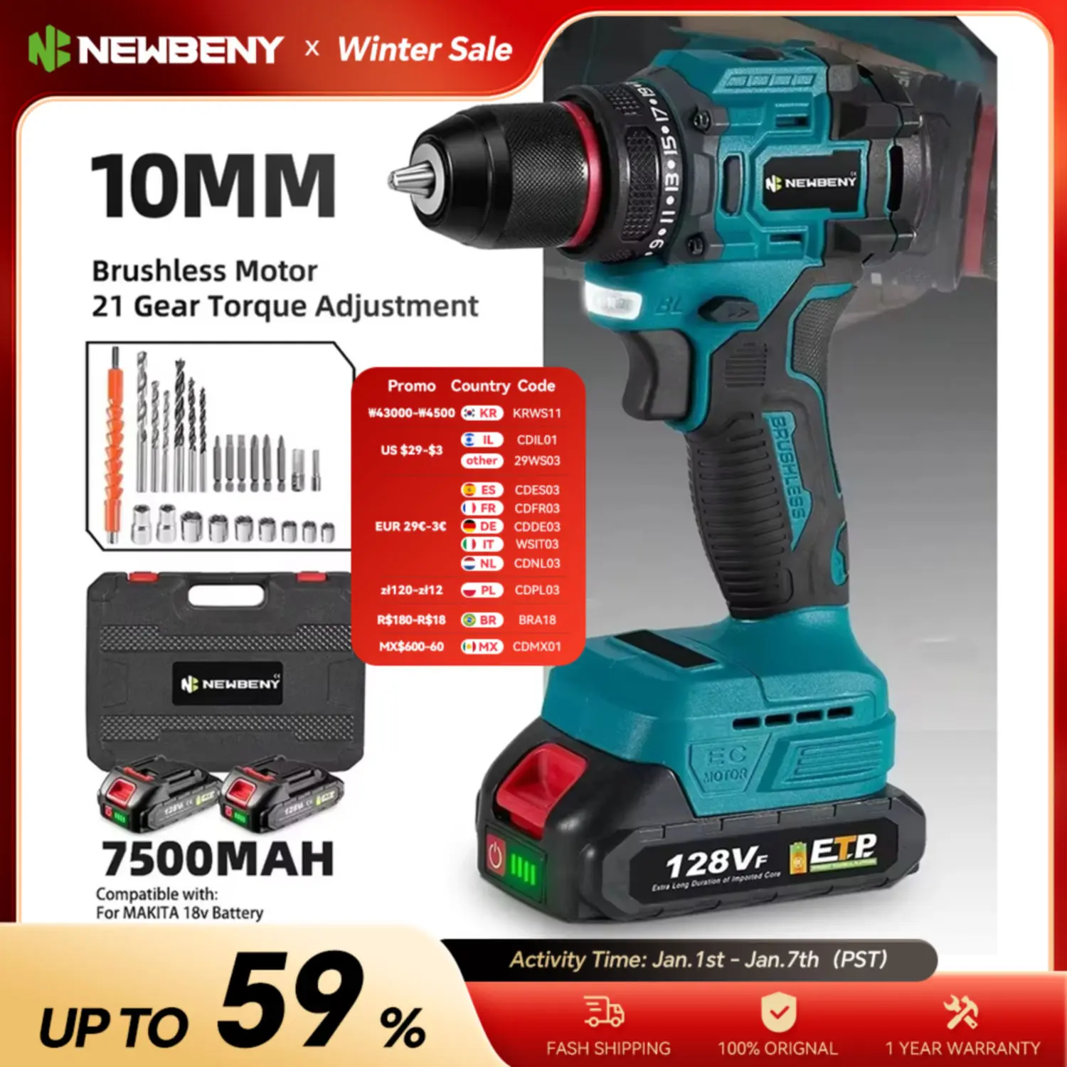 NEWBENY 10mm 브러시리스 전기 드릴, 21 + 2 토크, 다기능 무선 전기 스크루 드라이버, Makita 18V-21V 배터리용
