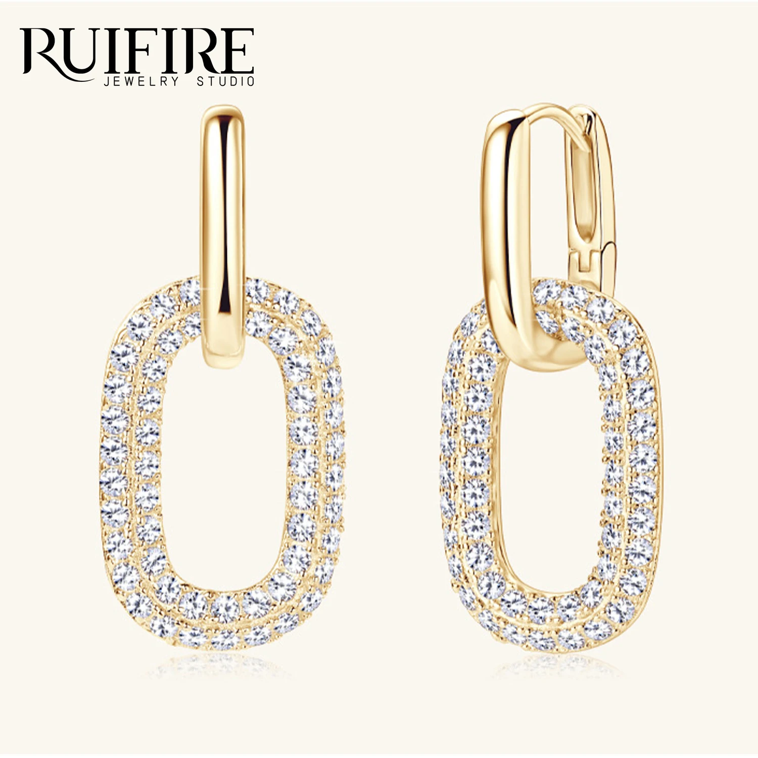 

RUIFIRE S925 Sterling Silver Double Loop Drop Earrings Geometric Oval Design Pave Moissanite Earrings Party Jewelry For Women