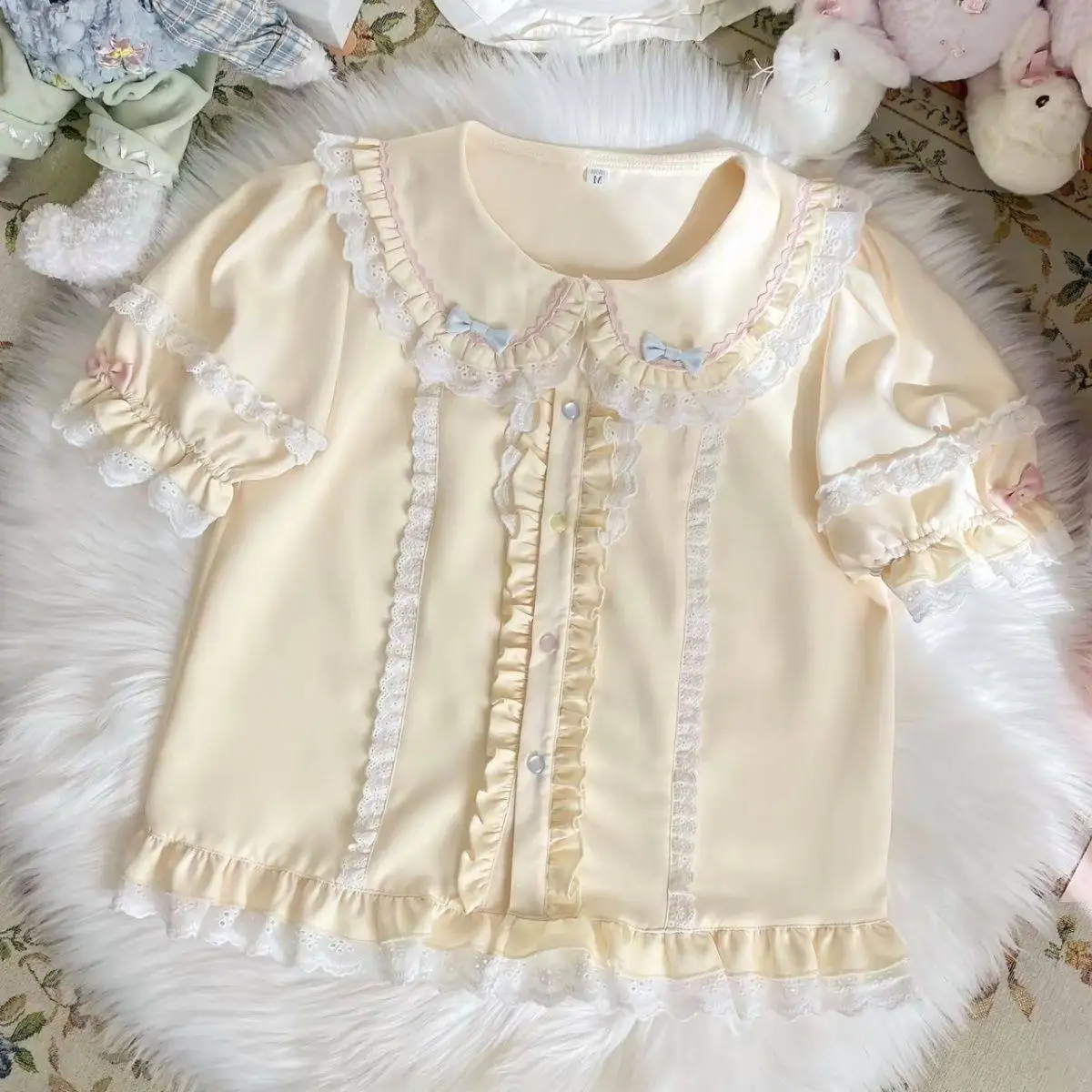 Japanese Sweet Lolita Vintage Doll Collar Lace Trim Puff Sleeve Blouse Soft Girl Pastel Summer Inner Top Kawaii Frilly Shirt New
