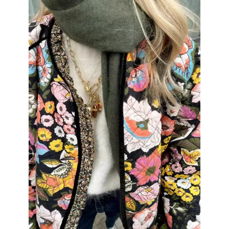Vintage Floral Printed Cotton Coat Women Fleece Thick Warm Long Sleeve Loose Round Neck Single Breasted Quilted Jacket Women's