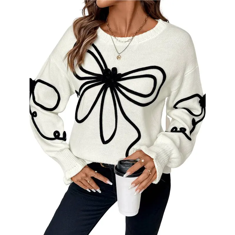 

CYL-Women's Cute Crewneck Pullover Sweater Bell Cuff Fall Long Sleeve Loose Chunky Knit Jumper Tops