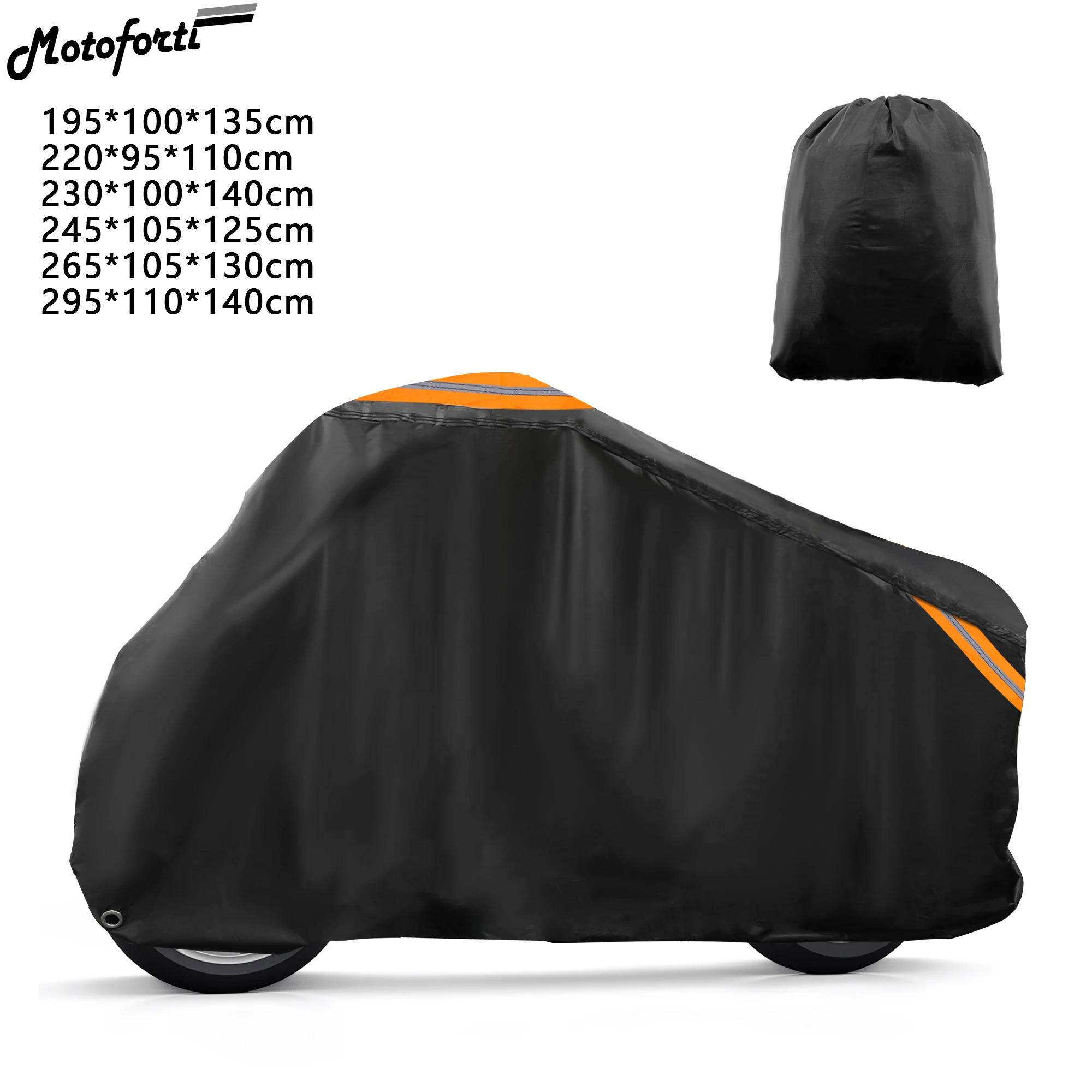 Motoforti Motorcycle Cover Motorbike Full Cover Outdoor Waterproof Rain Dust Protector with Reflective 195cm-295cm Long