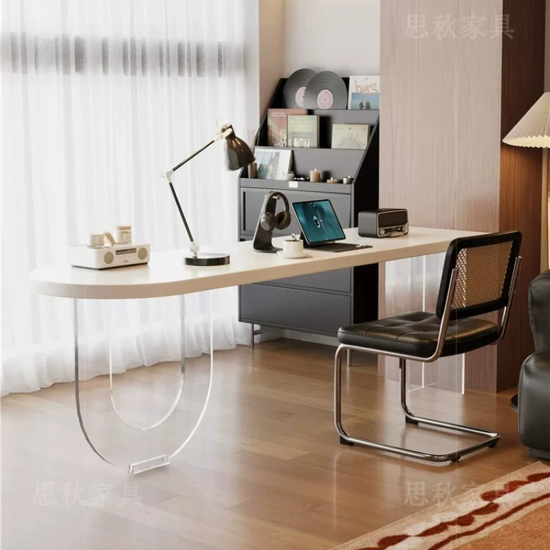 Italian Style White Solid Wood Desk Nordic Creative Oval Acrylic Floating Computer Desk Study Bedroom Furniture مكتب عائم FYFD view 4