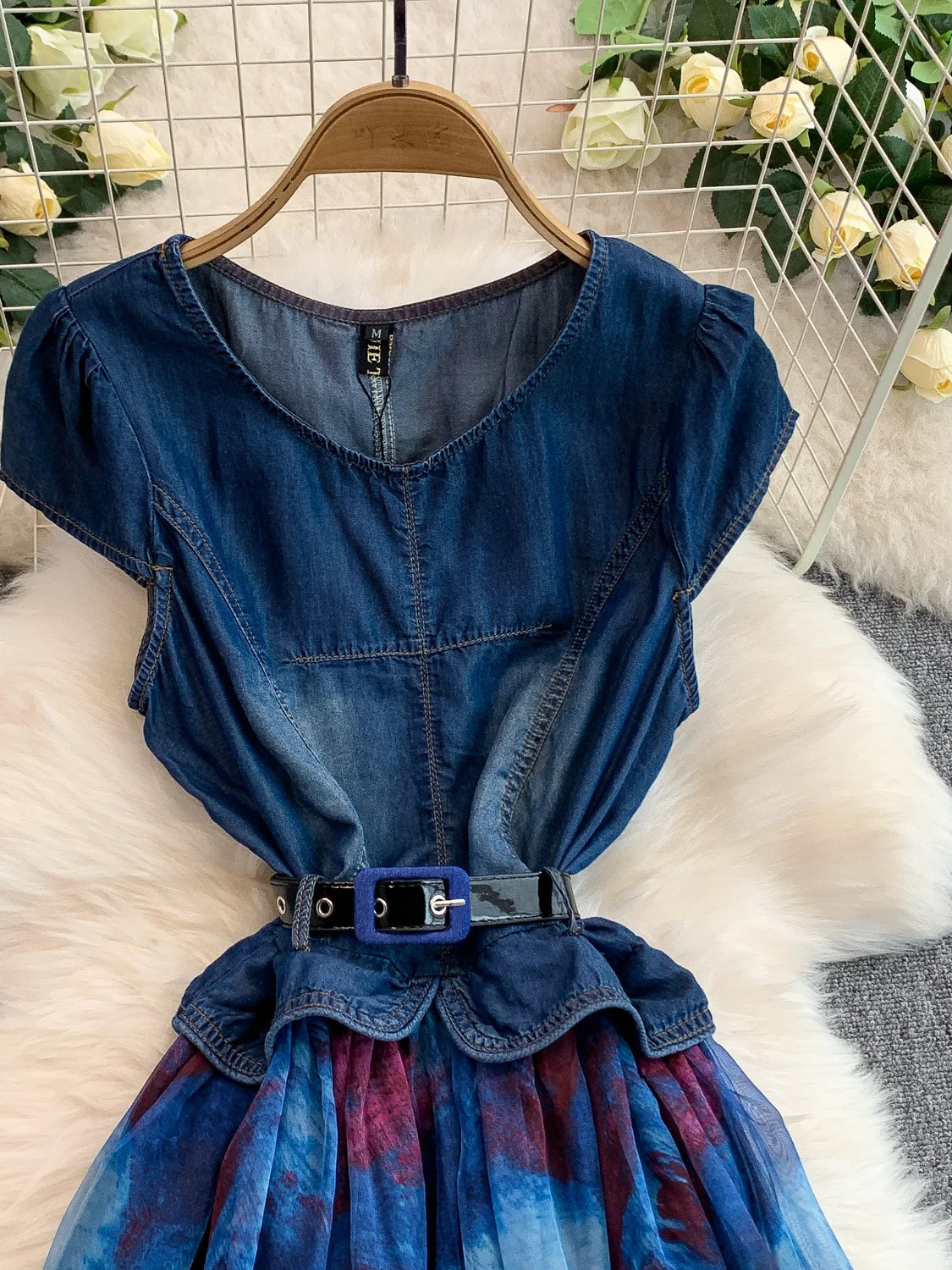 Vestido largo Retro e con cuello en V y empalme de tela vaquera para mujer, diseño de verano, adeazante, cintura alt...