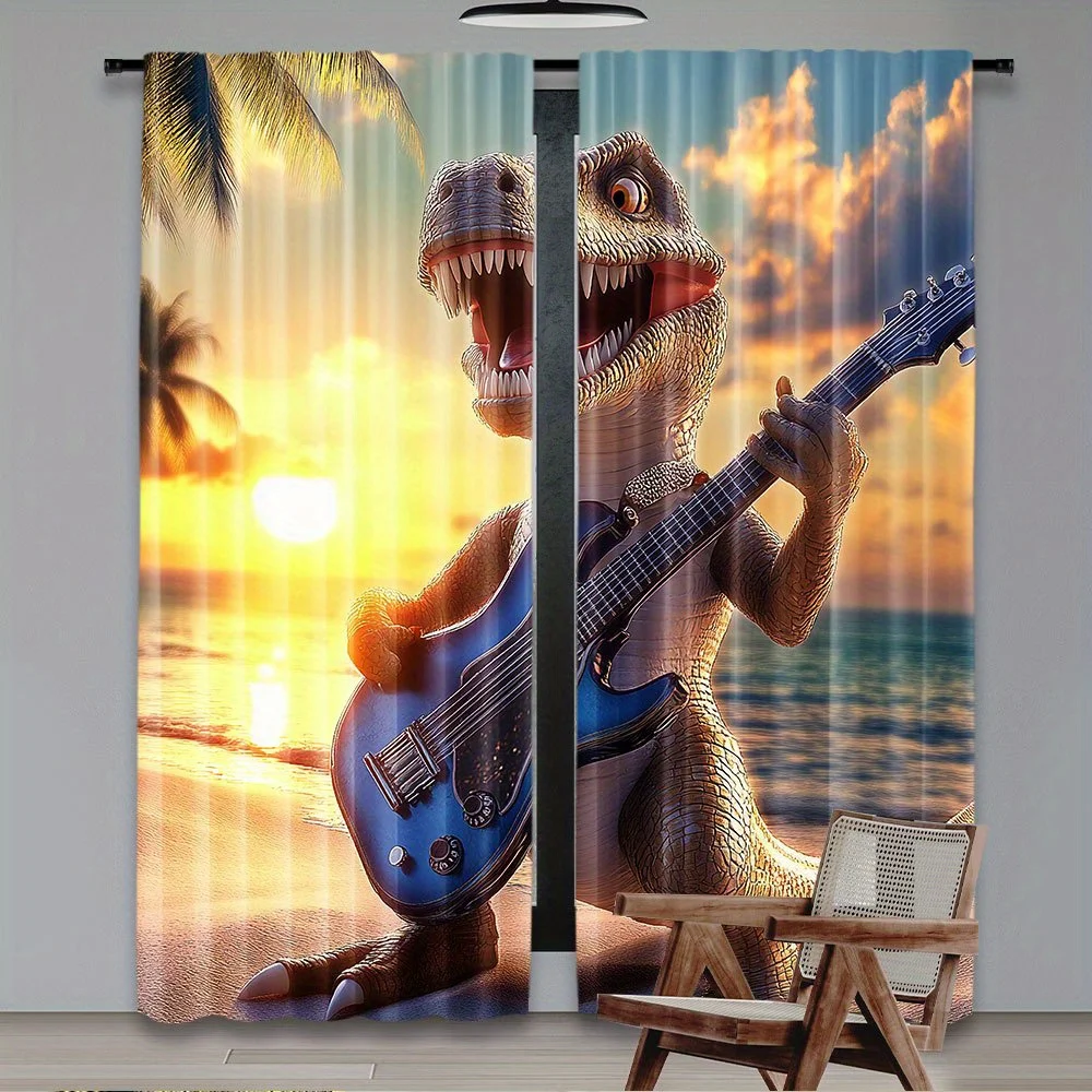 Funny Dinosaur Playing Guitar Curtains, T-Rex Rock Star Print Drapes, Beach Sunset Kids Room Window Treatment Decor