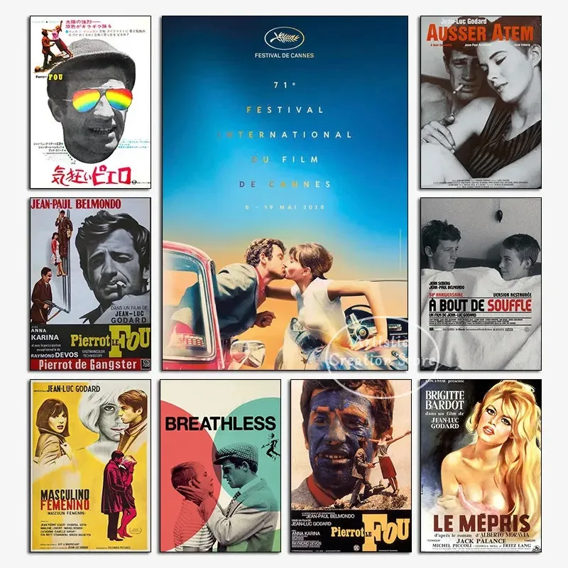 Póster de película francesa Jean-Luc Godard, película Pierrot Le Fou, lienzo de pared, pintura impresa, imagen de pared para decoración del hogar y dormitorio moderno