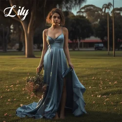 Lily Elegant Blue Sexy Wedding Party Dress A-Line Spaghetti Strap Celebrity Dress Backless Stain Special Occasion Dresses 프롬드레스