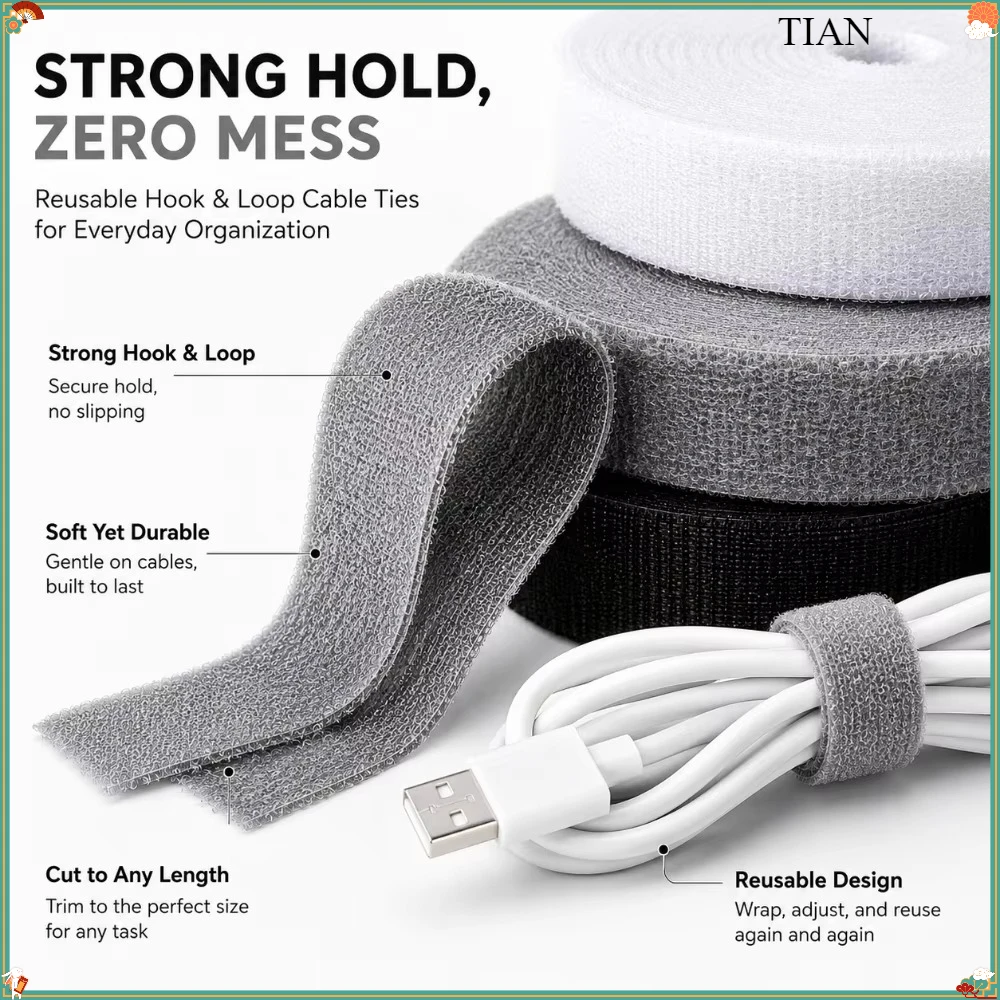 1PC Reusable Cable Tie Roll Cut to Length Hook and Loop Cord Organizer for USB Charger Earphone Computer Desk Wire Management