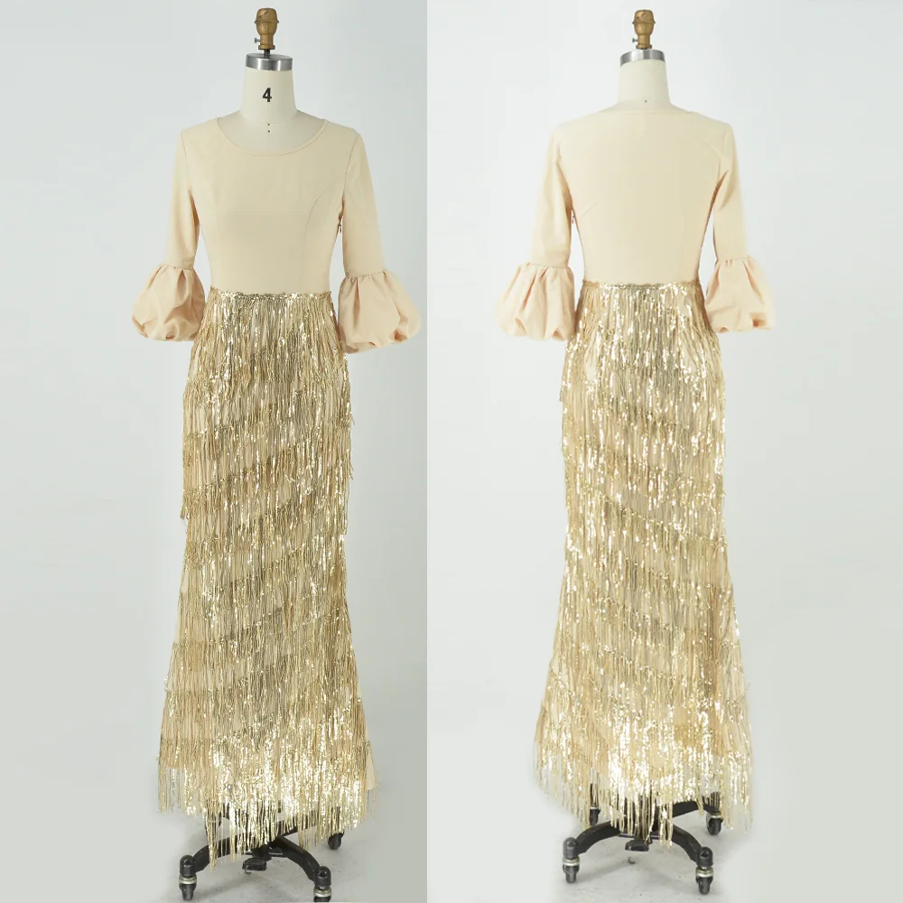 Robe de soirée dorée à pompons pour femmes, grande taille, col rond, manches longues lanterne, robes de soirée élégantes pour dames, printemps,