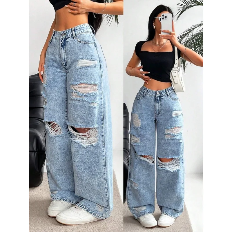 

European and American Style Foreign Trade Distressed Jeans Versatile Straight New Loose Fit2025Design Slimming High-Waisted Casu
