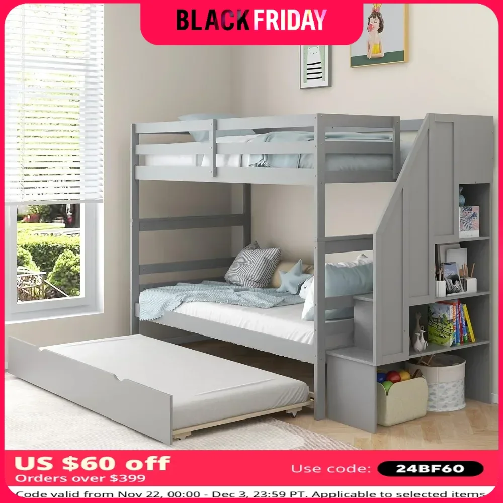 Bunk Bed, with Trundle and Stairs, with Storage Shelf, Bunks Beds Detachable Into 2 Platform Beds, Solid Wood Bunk Bed Frame