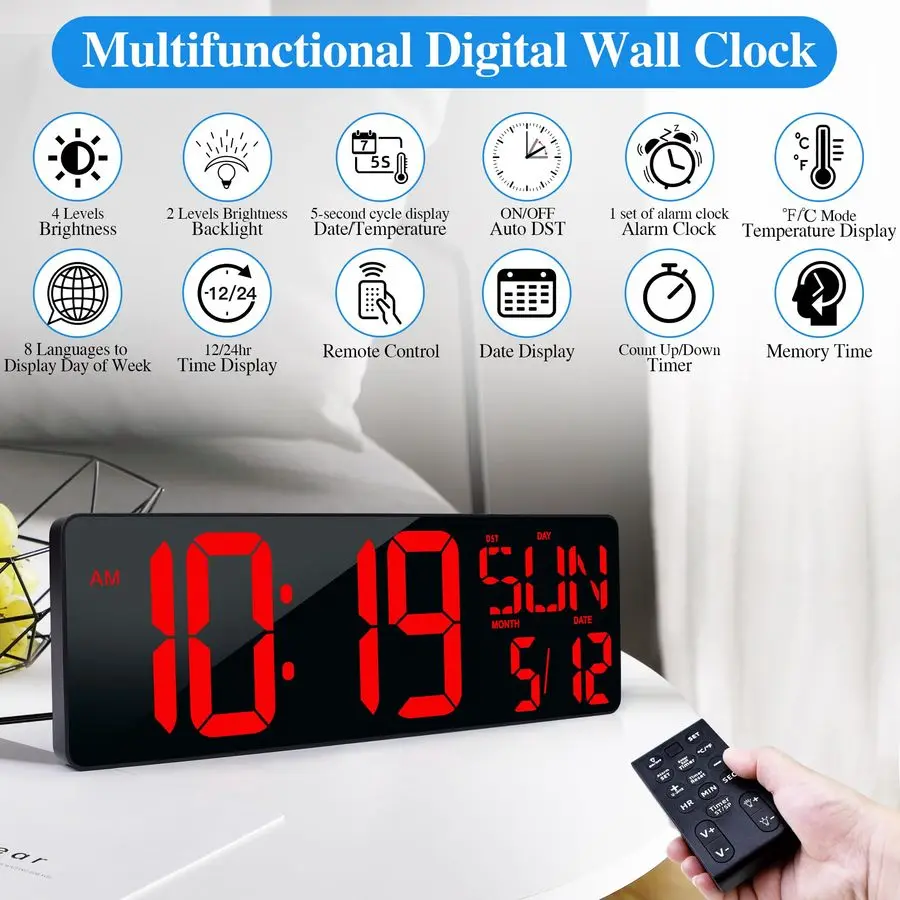 Digital Wall Clock with Remote Control 17.2 LED Large Display Timer with Temperature Date Week Auto DST Adjustable Brightness, B
