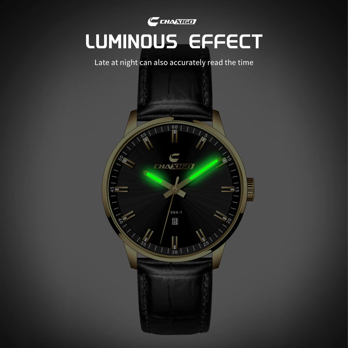 ساعة CHAXIGO للرجال بحزام جلدي للأعمال، وظيفة تقويم كاملة، مقاومة للماء حتى 30 مترًا، علامات مضيئة، تصميم خفيف الوزن