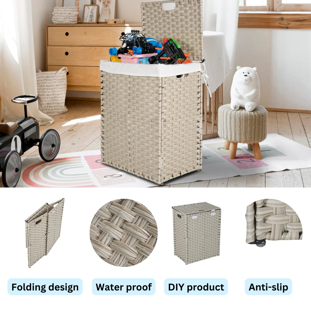 Laundry Hamper With Lid PE Rattan Powder Coating Frame Clothes Hampers with 01 Removable Bags, 100L, Grey Color