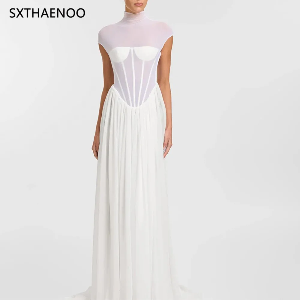 SXTHAENOO Romantico etereo Collo alto Ispirato da sposa Abito lungo bianco trasparente Abito da sera per festa di nozze Abiti 2025