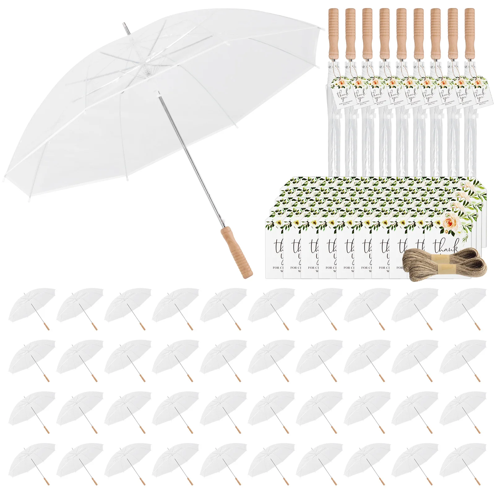 

50 Pcs Stick Wedding Umbrellas with Thank You Tags and Rope Transparent Rain Umbrella for Bride Groom Photography Outdoor Events