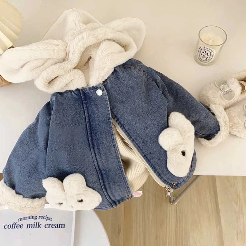 

Autumn Winter Thicken Warm Baby Girls Denim Jacket Cute Plush Rabbit Ears Hooded Coats For Girl Children Outerwear Clothing 2-8Y