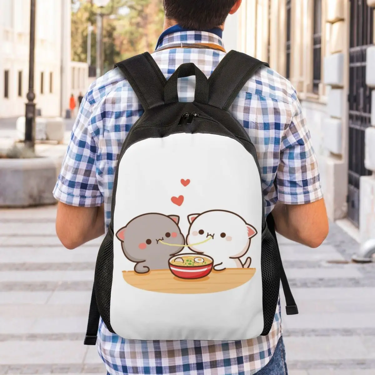 Peach e Goma Mochi Mochi Mochila para Homens e Mulheres, Mochila Escolar, Estudantes Universitários, Laptop Bags, Fits 15 ", Cat Eating, Ramen