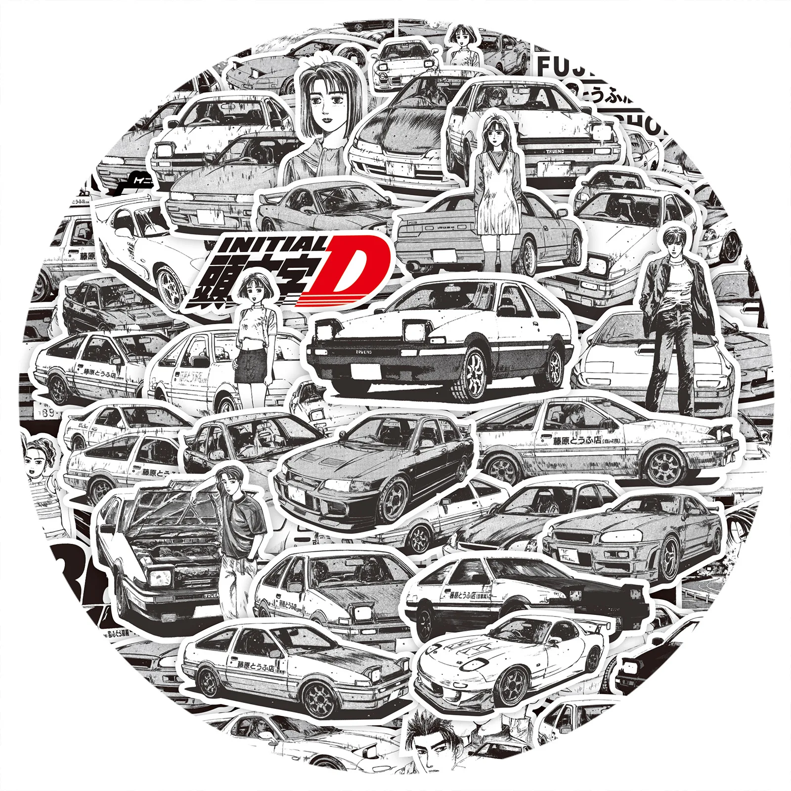 75Pcs Black WhiteJapan Anime Initial D Stickers for Luggage Wall Skateboard Motorcycles Helmet Car Graffiti Sticker Toys