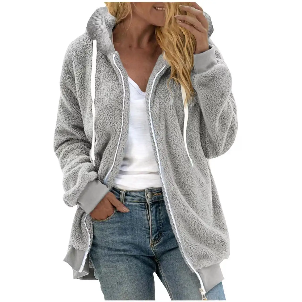 Multi Color Panel Warm Zipper Open Fleece Coat 2023 New Autumn/Winter Plus Size Loose Thickened Plush Hooded