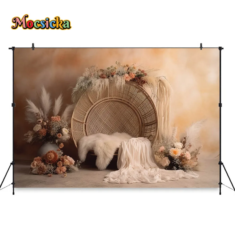 โบฮีเมียนเด็กโชว์พื้นหลังดอกไม้หวายตกแต่งเก้าอี้ถ่ายภาพฉากหลังถ่ายภาพในสตูดิโอแบนเนอร์ภาพศิลปะแม่ตั้งครรภ์