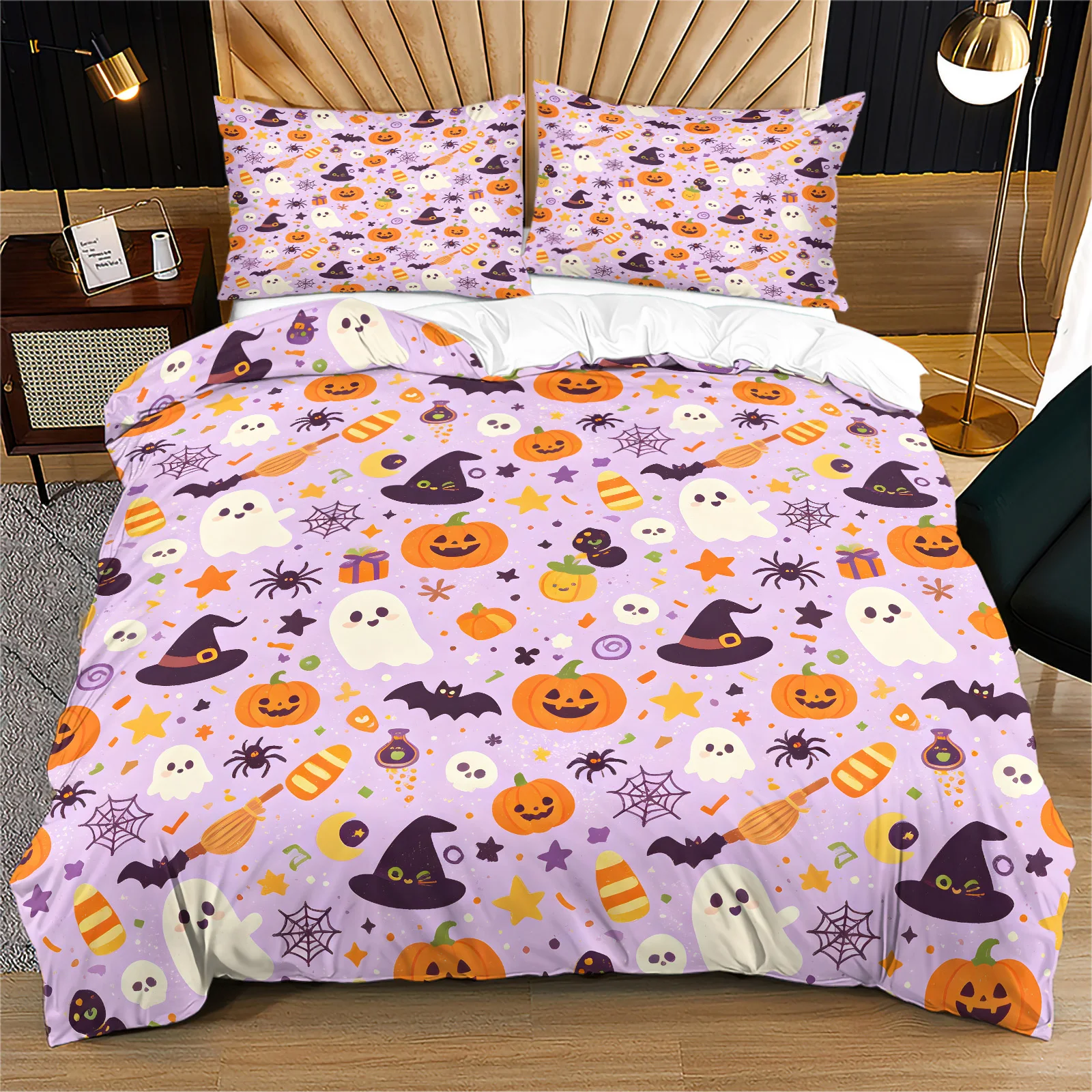 Halloween Duvet Cover Set Light Purple Cute Pumpkin Ghost Witch Hat Bat Spider Web Print Bedding Set Holiday Quilt Cover Decor