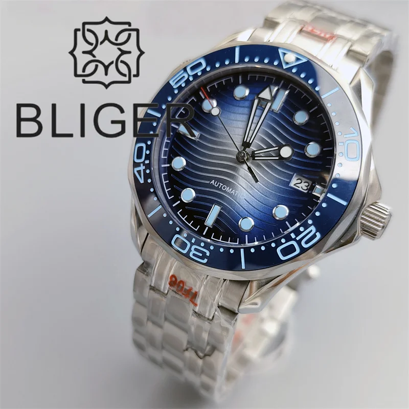 BLIGER 41mm Mechanical Men Watch Sapphire Glass Date Gradient Ice Blue Ceramic Bezel NH35 Stainless Steel Band Rotating Waterpro