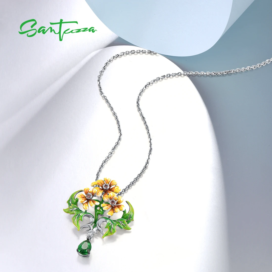 Imagem -04 - Santuzza-pingente de Prata Esterlina Real 925 para Mulheres Pedra Verde Esmalte Amarelo Flora Presente de Noivado de Casamento Elegante