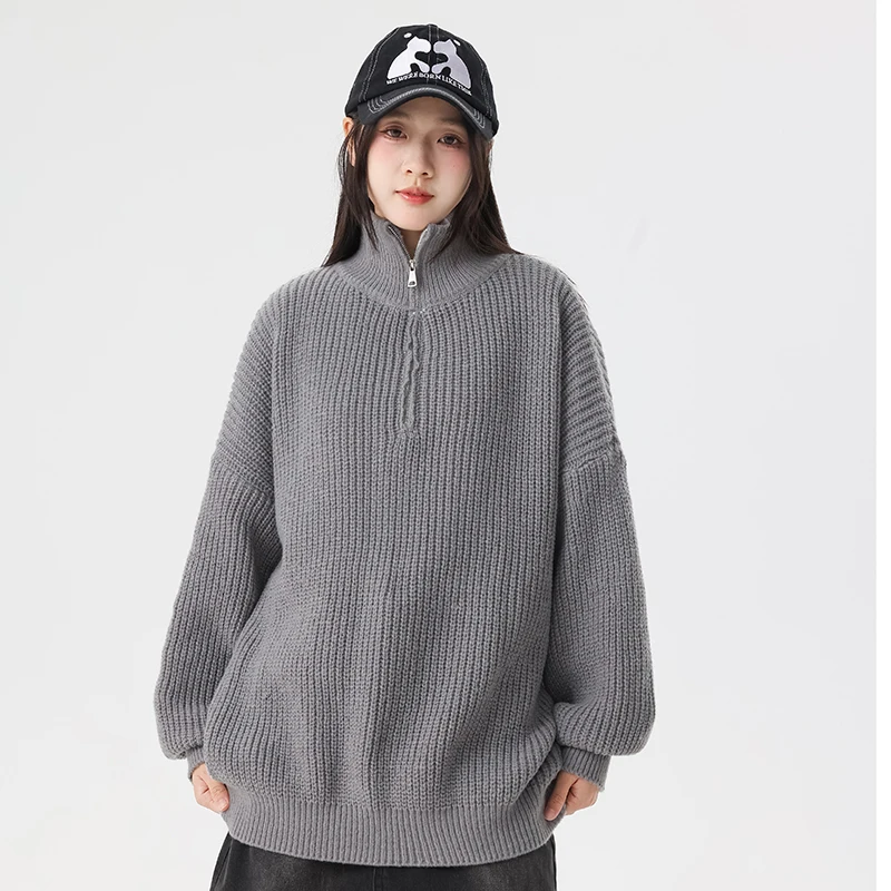 

Zip Up Turtleneck Pure Cashmere Sweater Female Loose and Thick Languid Lazy Wind Pullover Sweaters Knitting Base Women Sweater
