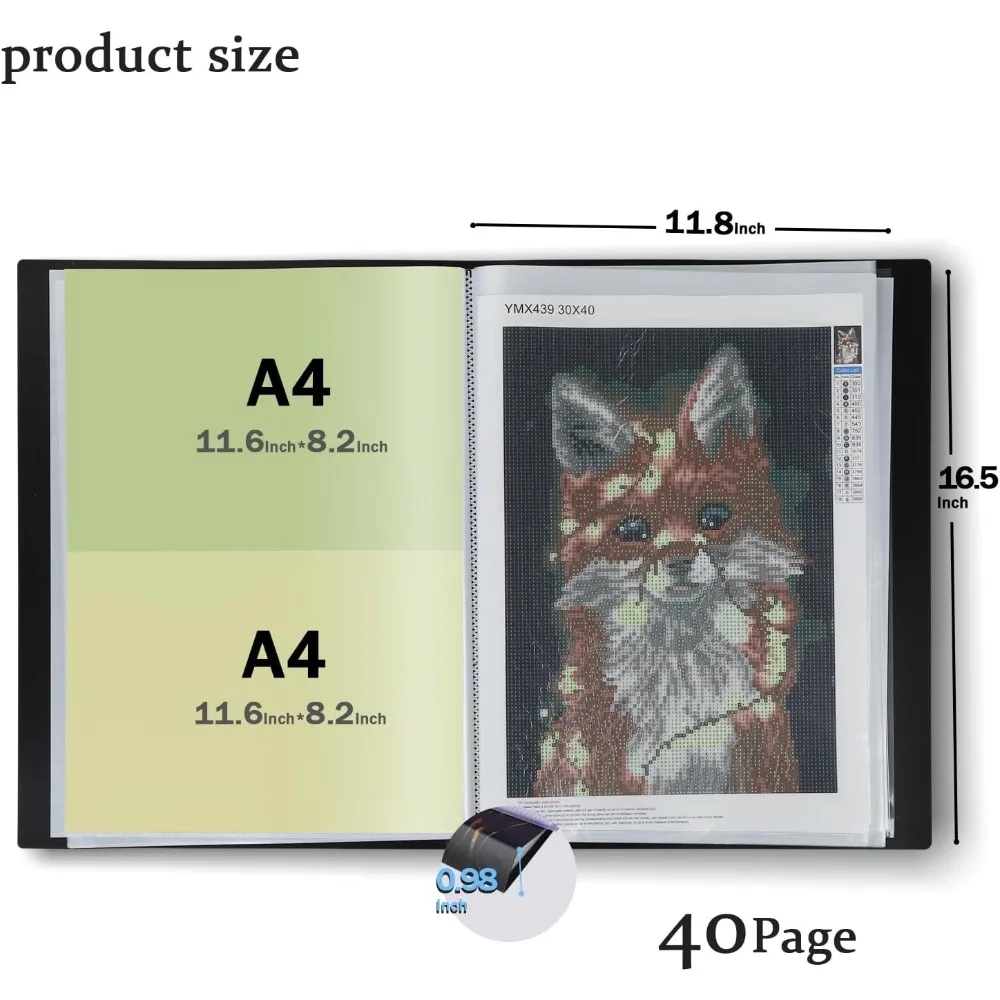 A3 Art Portfolios Case 40 Pages,Marble Black Diamond Painting Storage Book,Pocket Protector with Index Stickers,Clear Portfolio