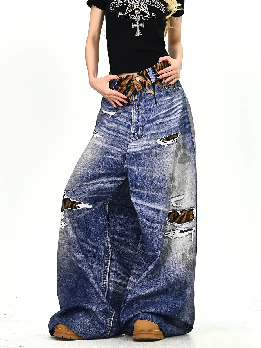 

Американские свободные женские джинсы с тигровым принтом и рваными элементами, весенняя новинка, широкие брюки, повседневные, в стиле High Street